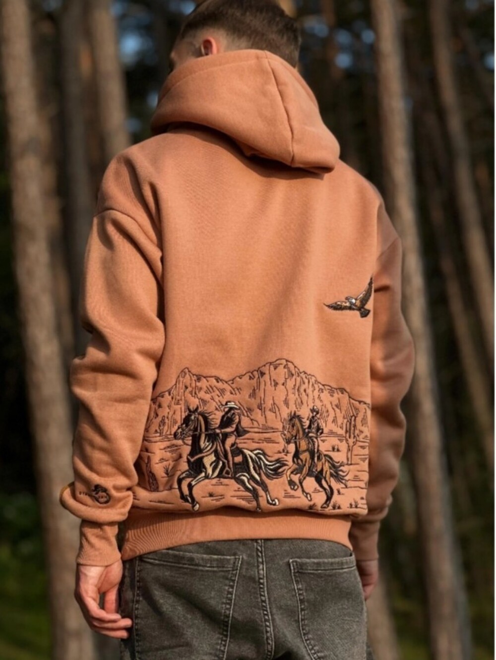 Street Zen 100% cotton Western embroidered clay color hoodie sweatshirt